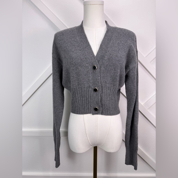 Reformation Hana Ribbed Cropped Cardigan Sweater 100% Cashmere Gray Size Small - Picture 2 of 15